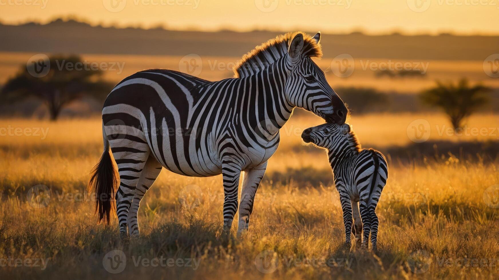 A zebra and its foal share a tender moment in a golden grassland at sunset. photo