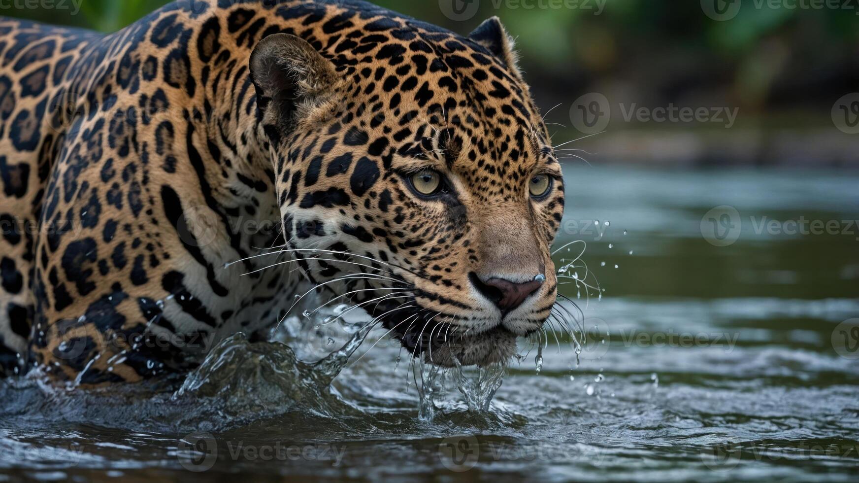 A jaguar wades through water, showcasing its powerful build and striking coat. photo