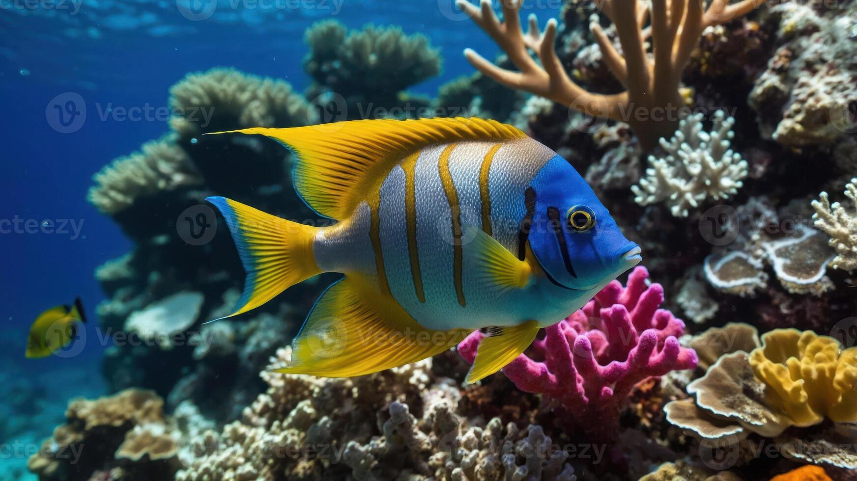 A vibrant underwater scene featuring a colorful fish and coral reefs. photo