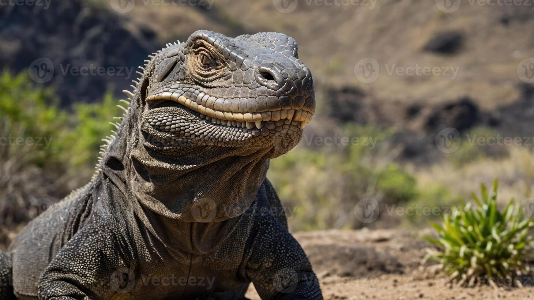 A close-up of a large lizard in a natural landscape, showcasing its unique features. photo