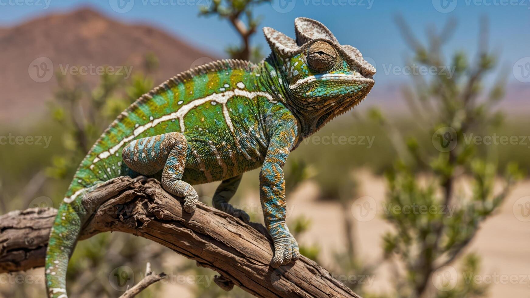 A vibrant chameleon perched on a branch in a desert landscape. photo