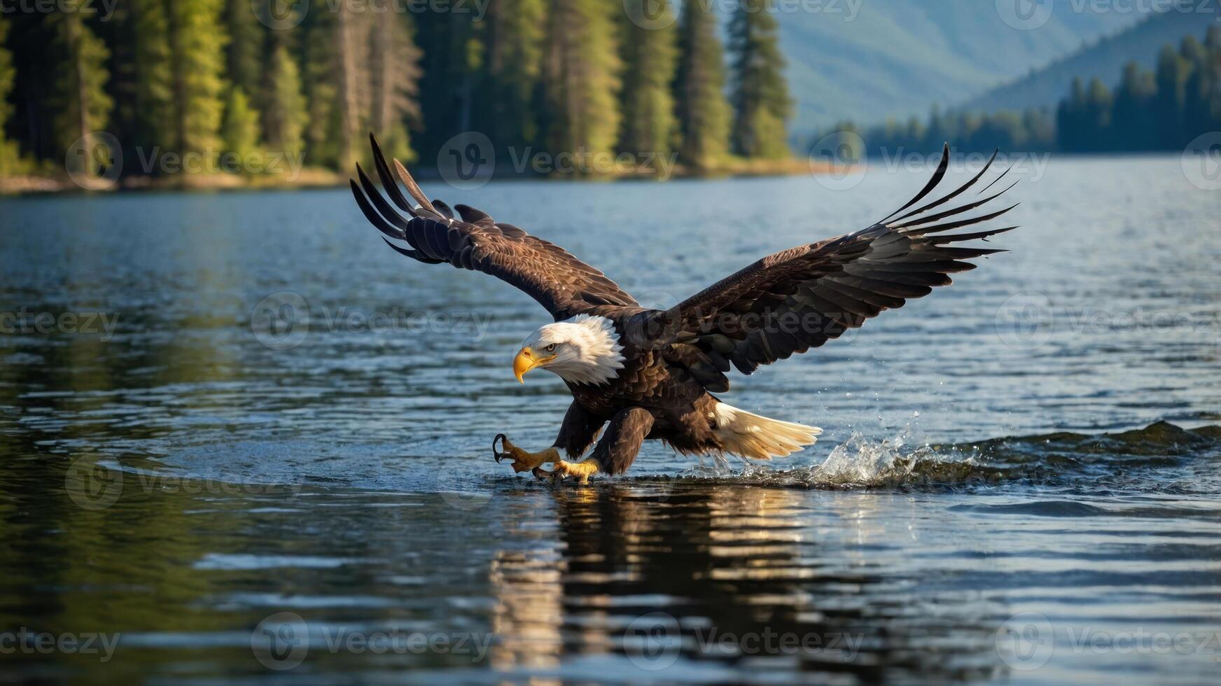 A majestic eagle captures its prey while skimming the surface of a serene lake. photo