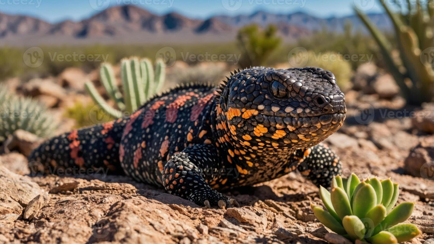 A colorful lizard resting on rocky terrain amidst desert vegetation. photo