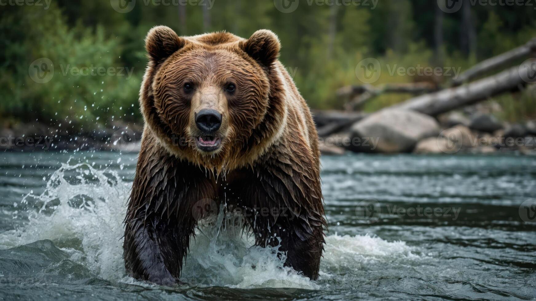 A grizzly bear wades through a river, creating splashes in a natural setting. photo