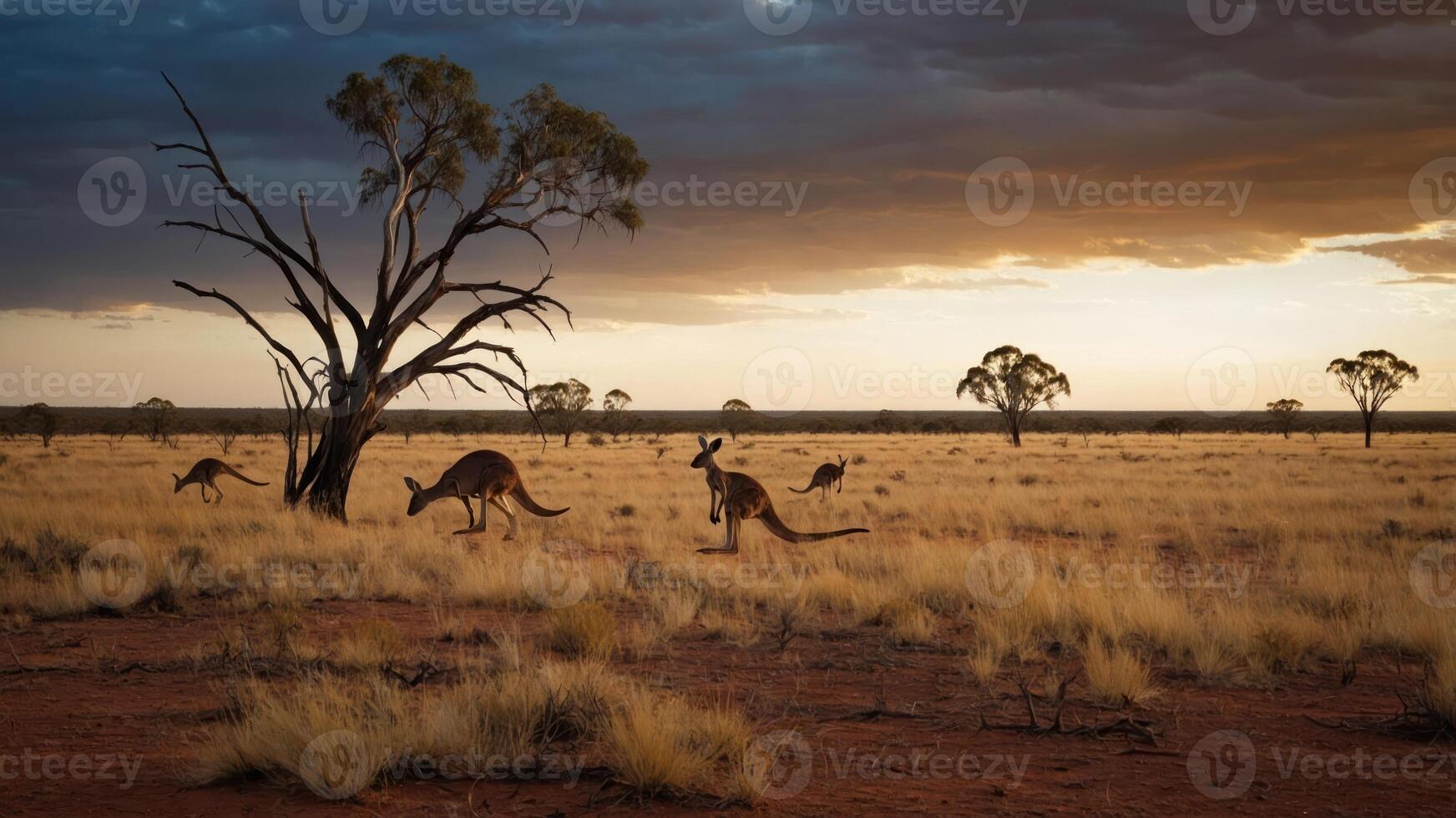 A serene landscape featuring kangaroos at sunset in the Australian outback. photo