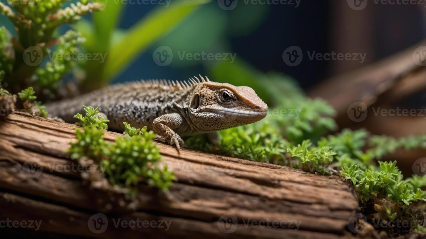 A close-up of a lizard resting on a log amidst greenery. photo
