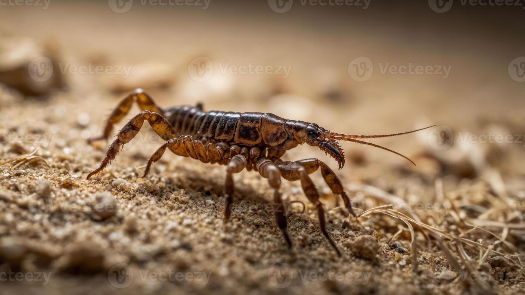 A close-up of a brown insect on sandy terrain, showcasing its detailed features. photo