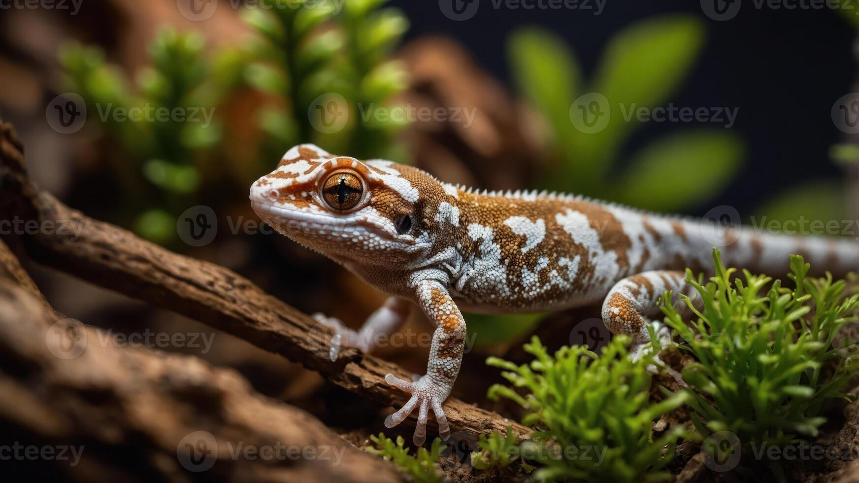 A close-up of a patterned gecko on natural wood and greenery. photo