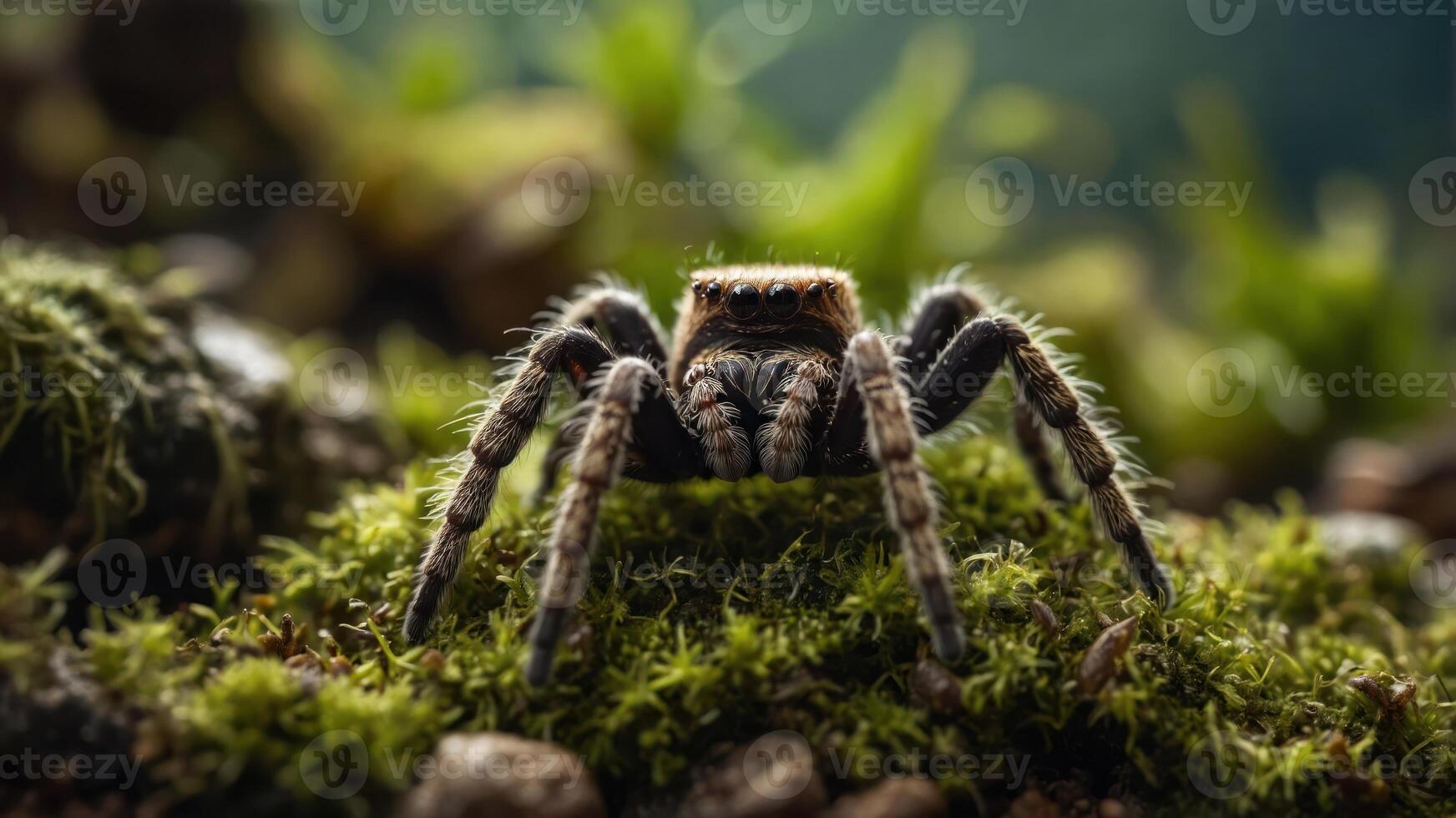 A close-up of a spider on moss, showcasing its intricate details and natural habitat. photo