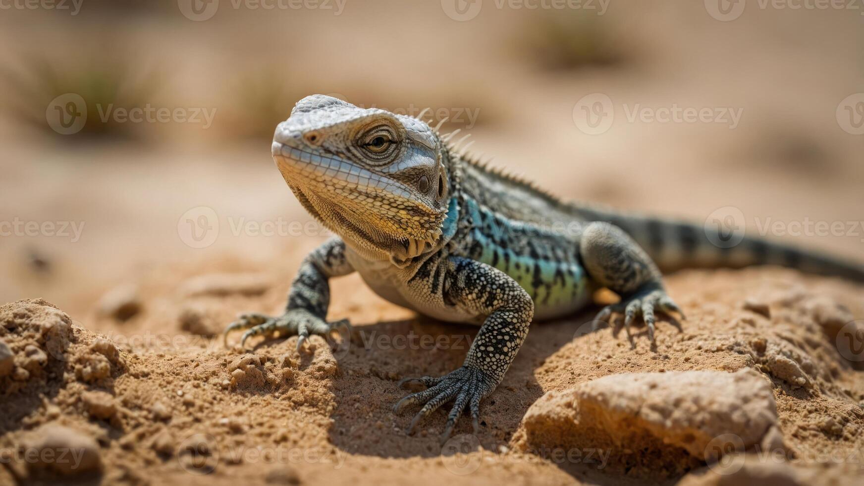 A close-up of a lizard resting on sandy terrain with a detailed texture. photo