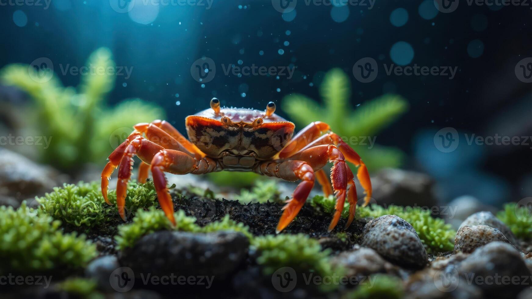 A vibrant crab in an aquatic environment, surrounded by moss and soft lighting. photo