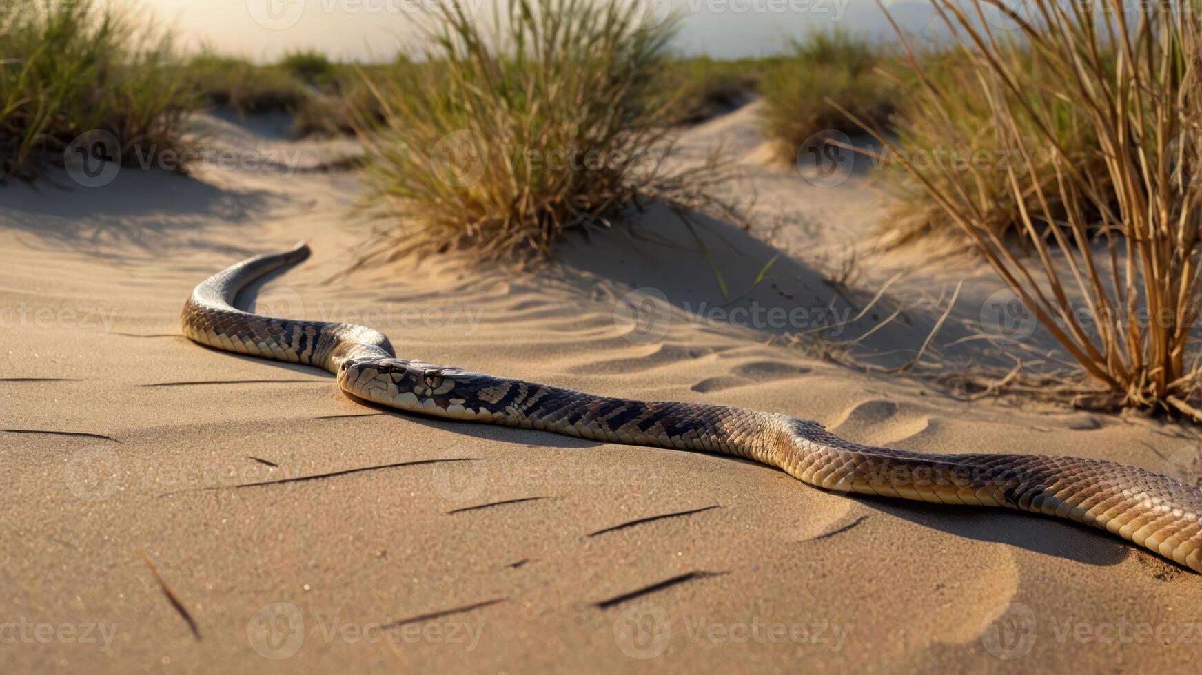 A snake slithers across sandy terrain, surrounded by sparse grass. photo