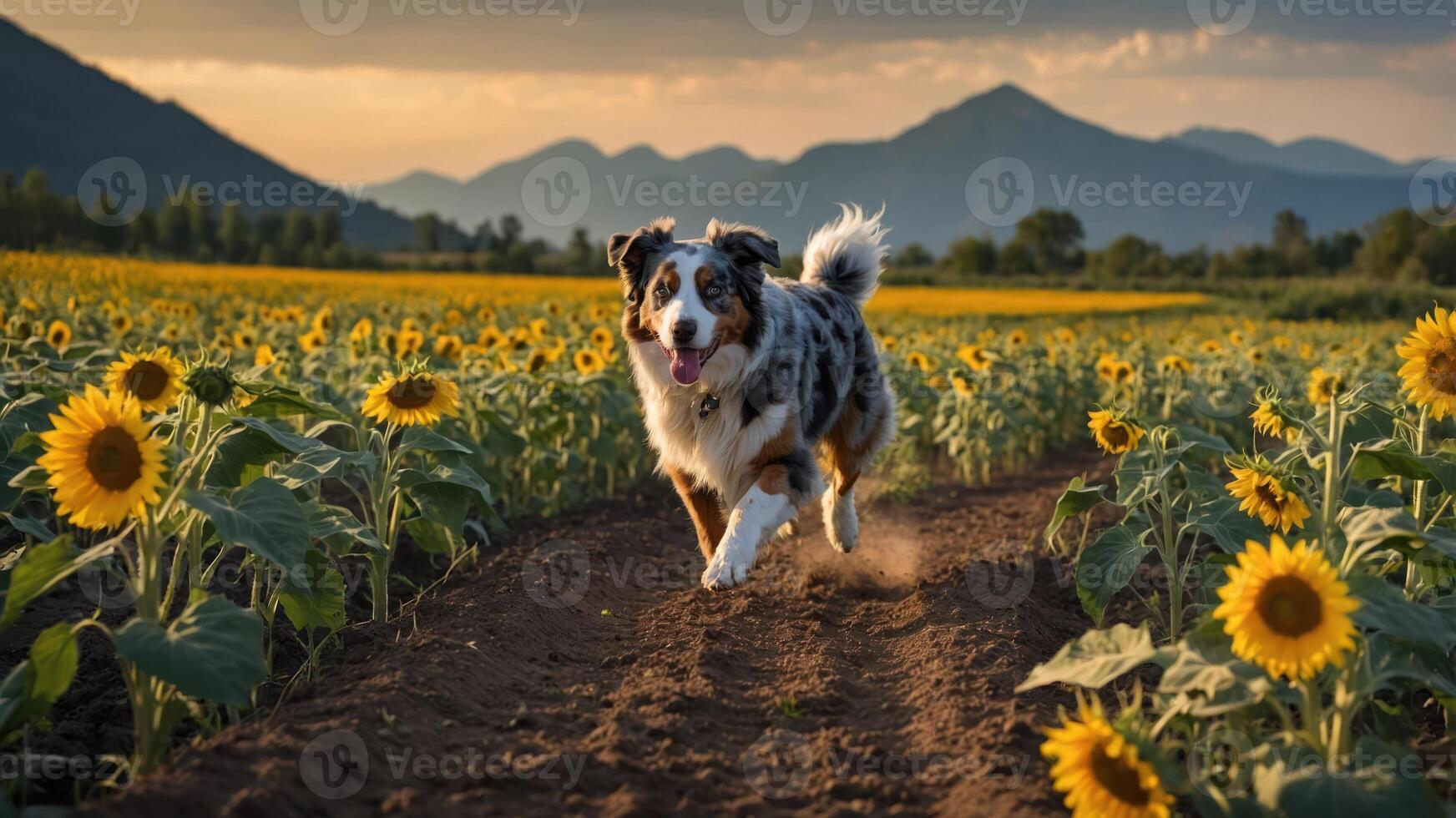 A playful dog runs through a sunflower field with mountains in the background during sunset. photo