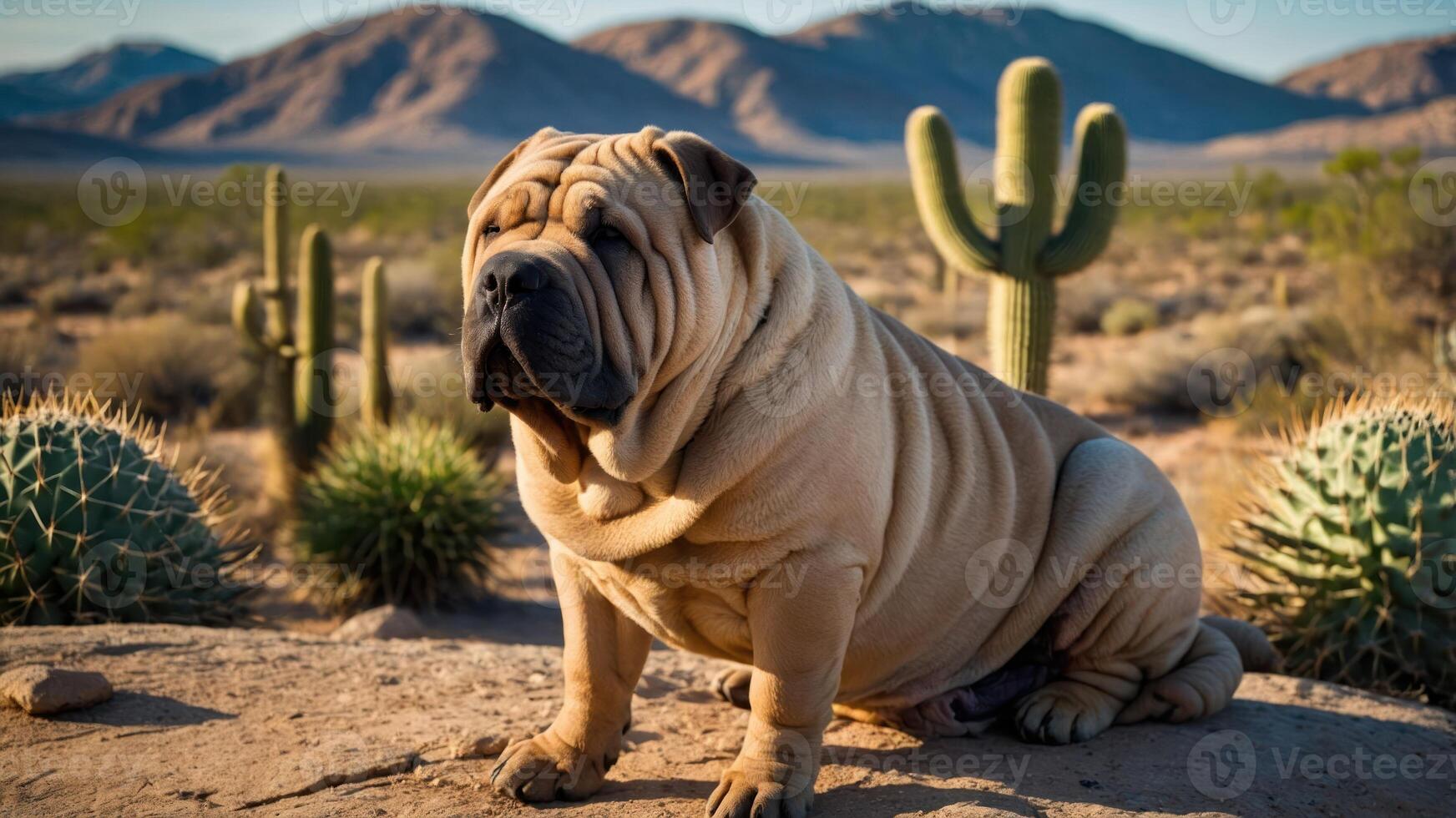 A Shar Pei dog sits in a desert landscape with cacti and mountains in the background. photo