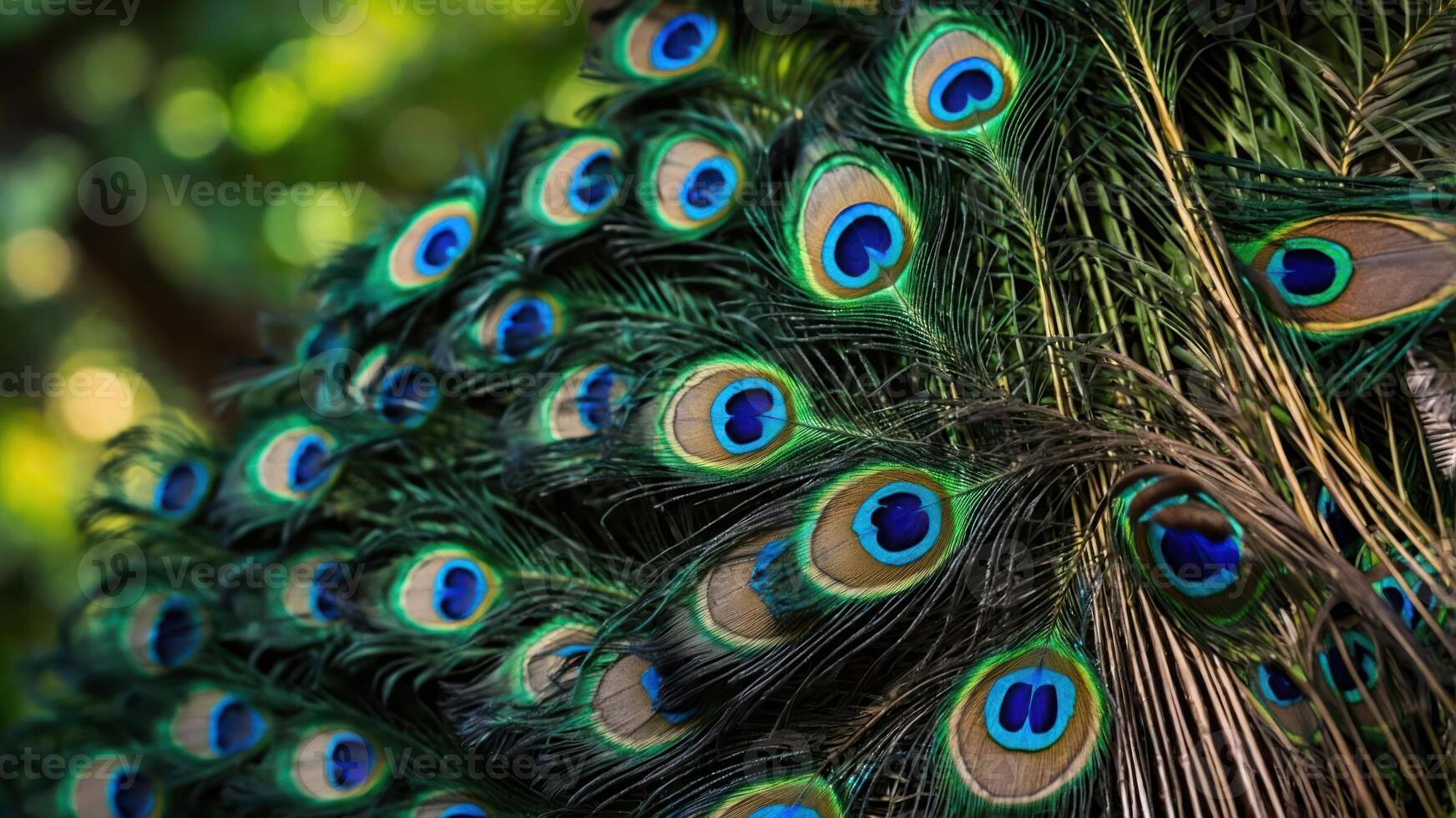 Close-up of a peacock's vibrant feather display showcasing intricate patterns and colors. photo