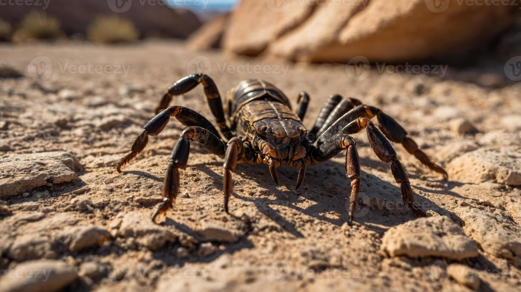 A close-up of a large spider on rocky terrain under natural light. photo