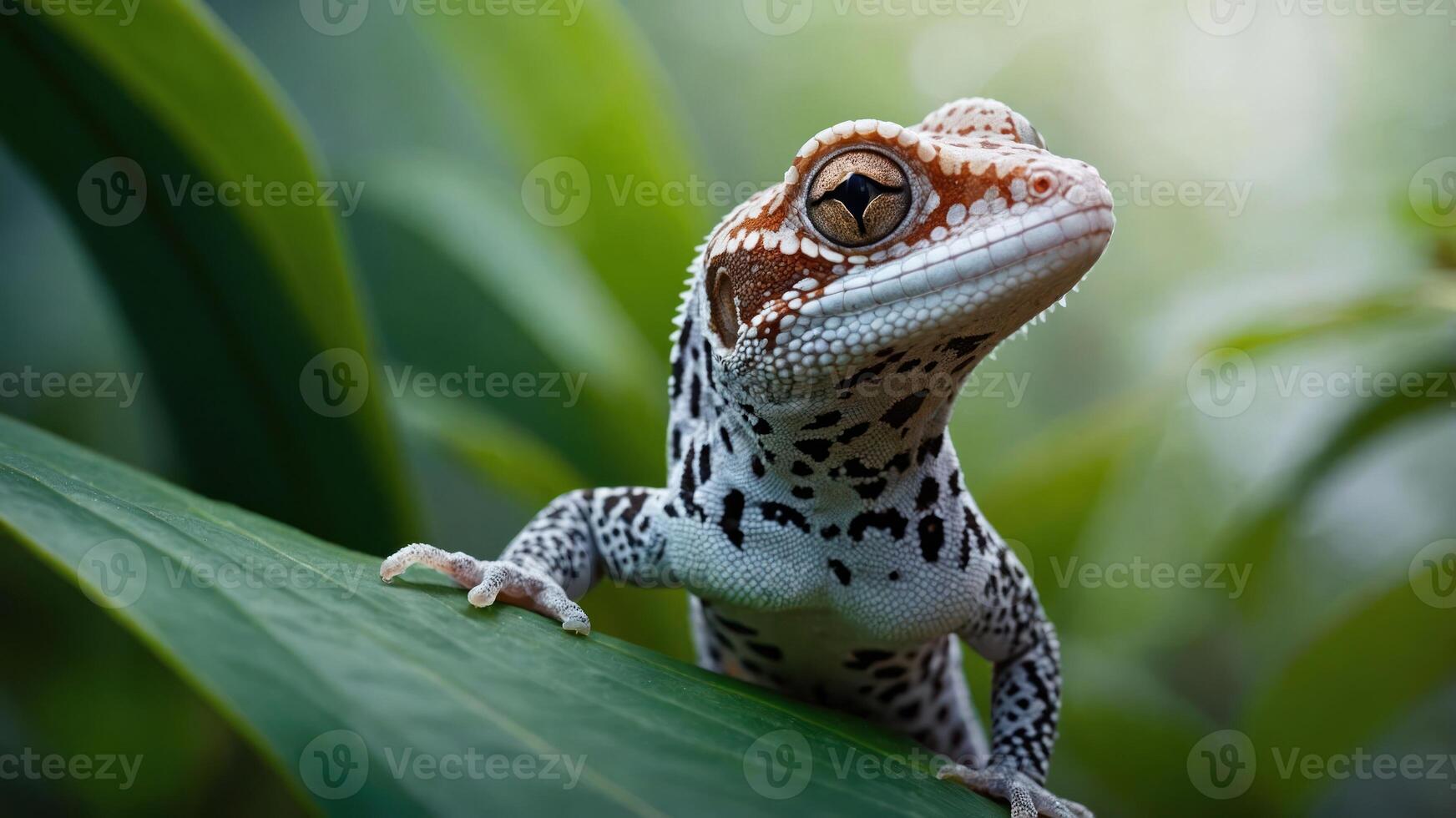 A close-up of a gecko perched on a green leaf in a natural setting. photo