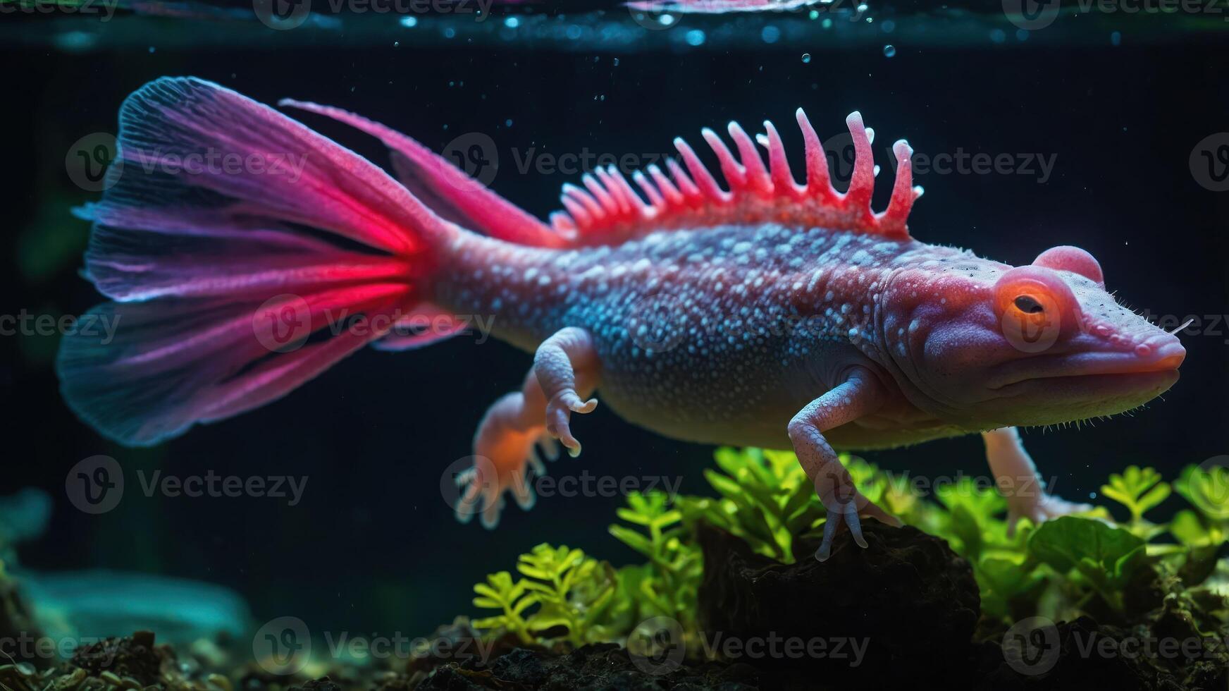 A vibrant, aquatic creature resembling a hybrid of fish and amphibian in a serene underwater setting. photo