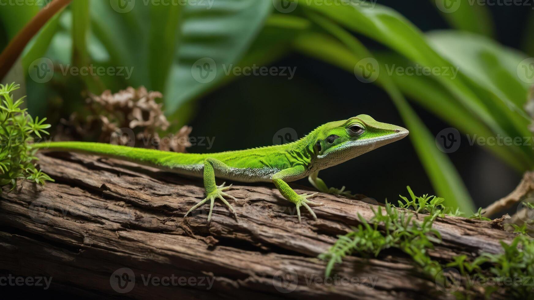 A vibrant green lizard perched on a log surrounded by lush foliage. photo