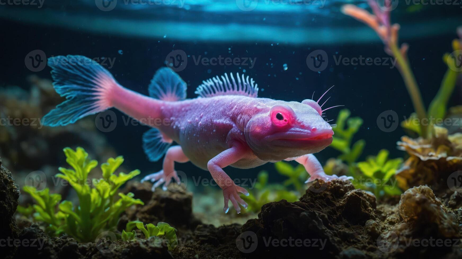 A vibrant pink fish swims among underwater plants in a colorful aquatic environment. photo