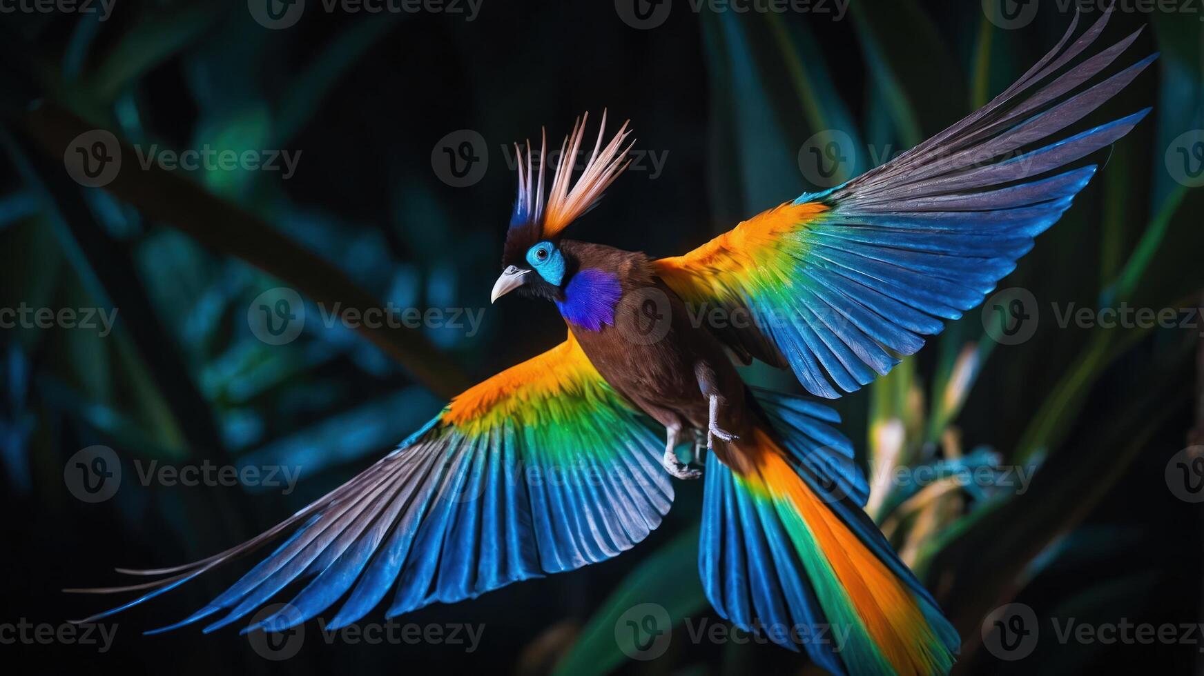 A vibrant bird with colorful feathers in flight against a lush background. photo