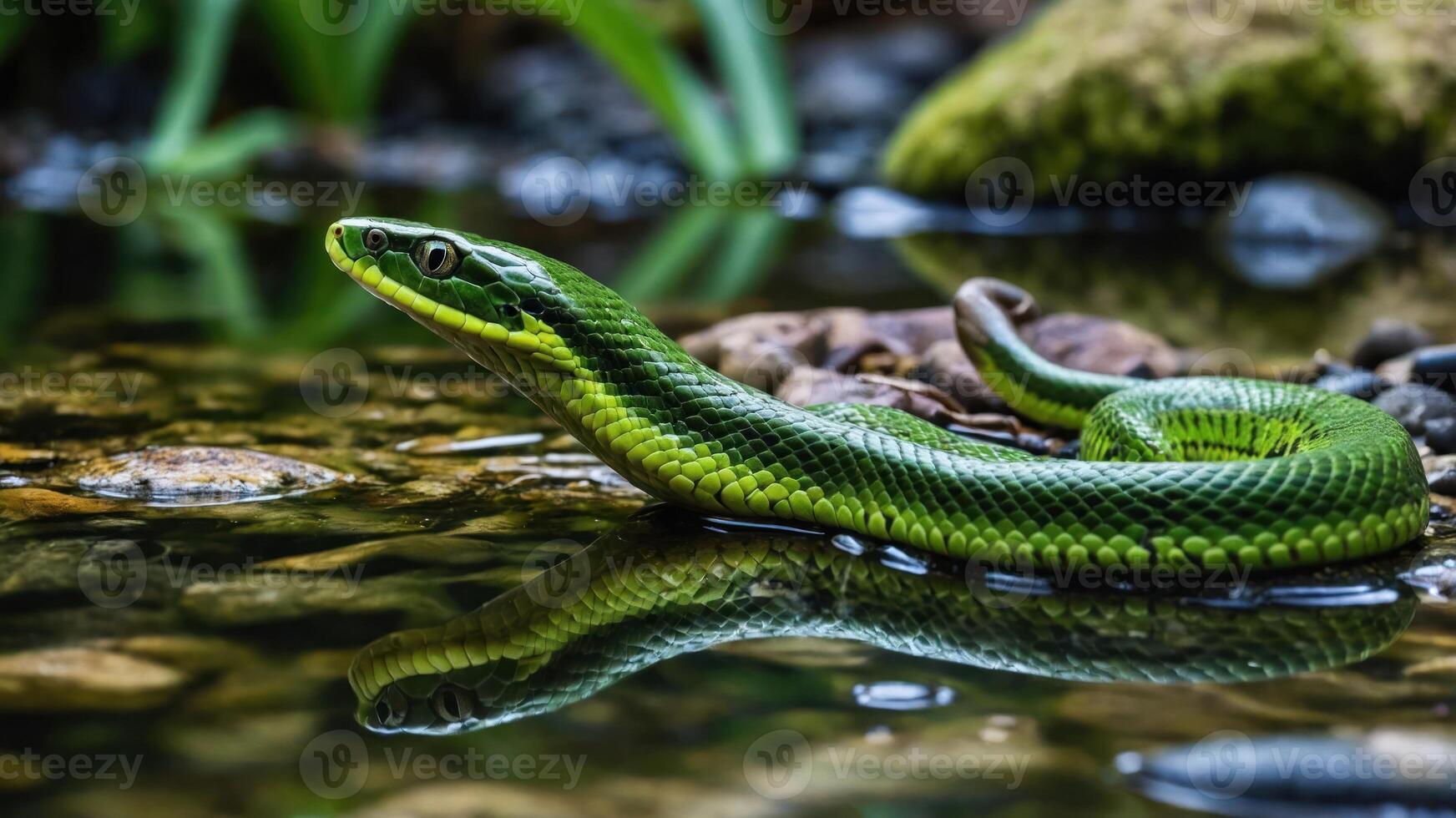 A vibrant green snake resting by a tranquil stream, reflecting on the water's surface. photo