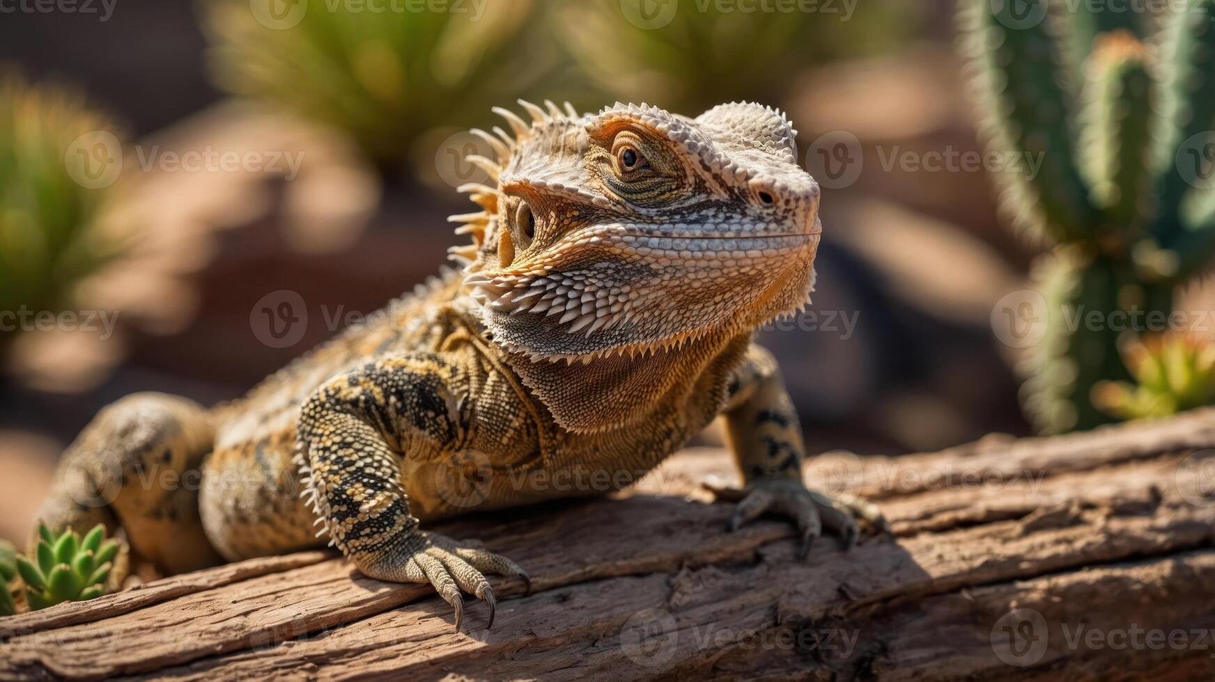 A bearded dragon resting on a log in a desert-like environment. photo