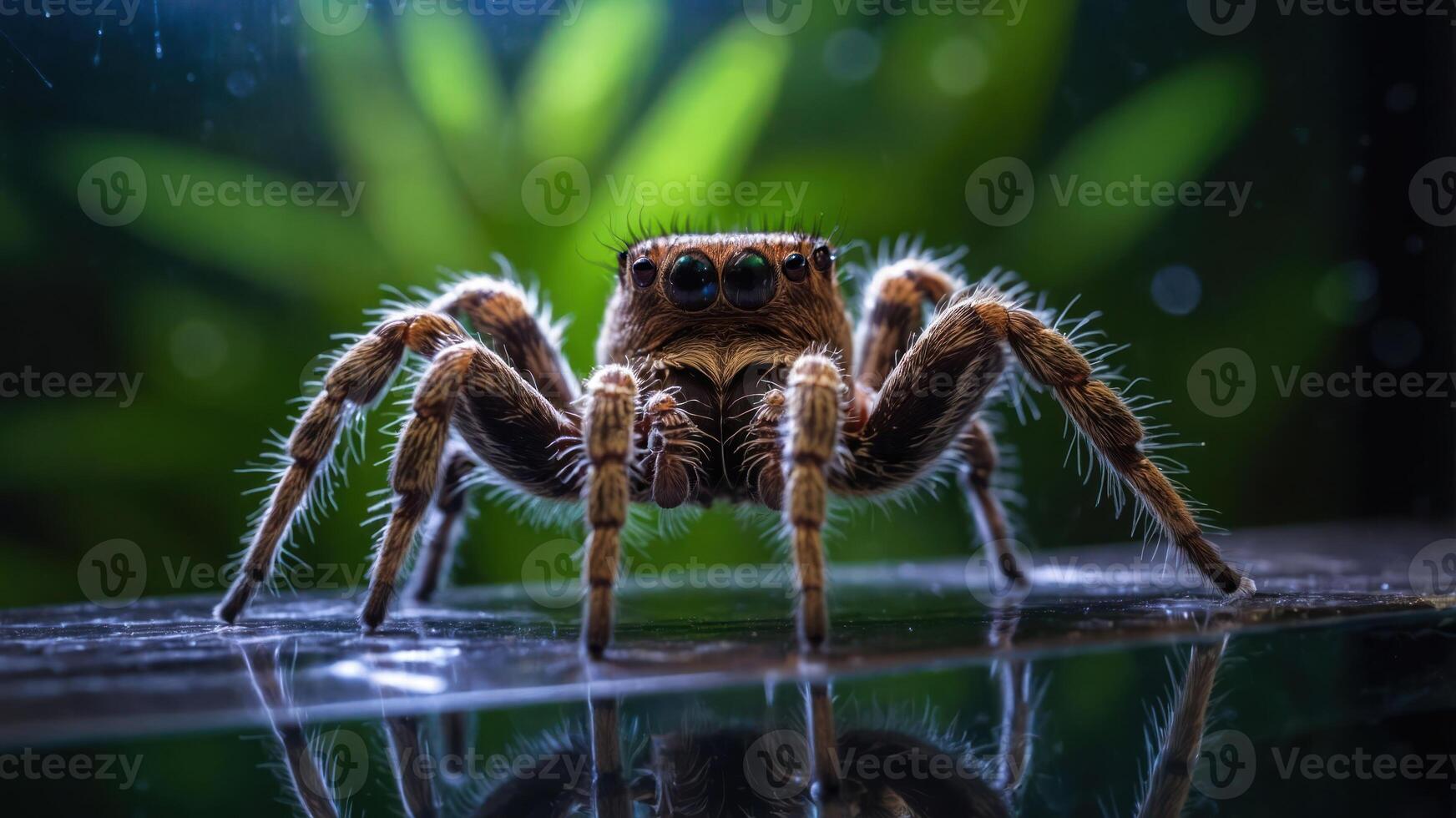 A close-up of a spider with prominent eyes and detailed fur against a blurred green background. photo