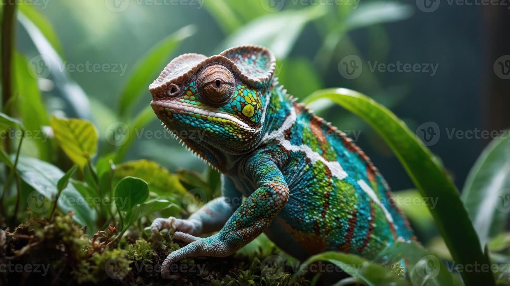 A vibrant chameleon perched among lush green foliage, showcasing its colorful scales. photo