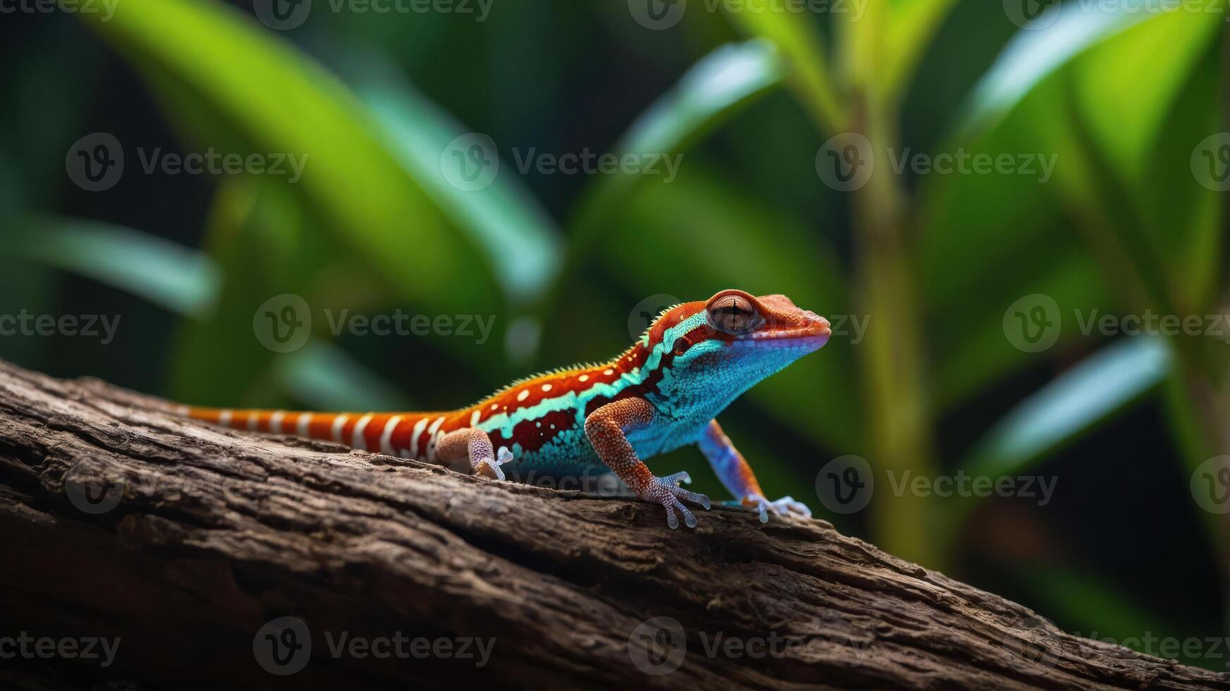 A vibrant lizard perched on a log amidst lush green foliage. photo