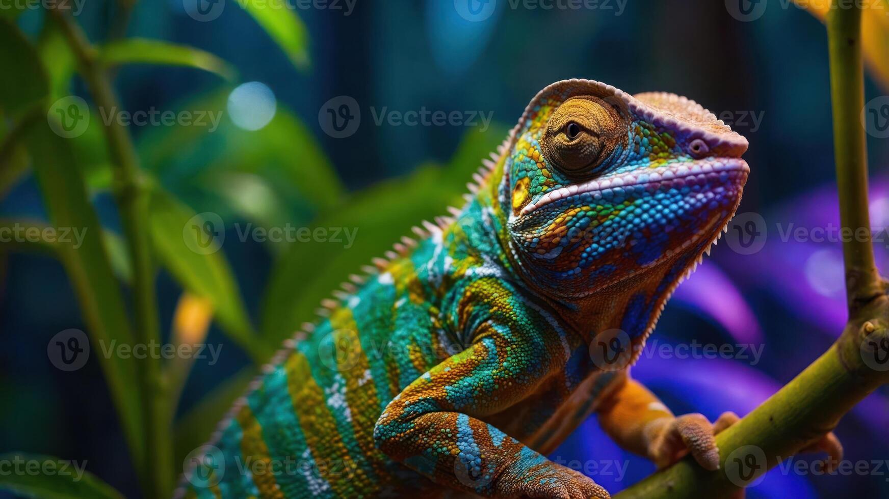 A vibrant chameleon perched on a branch amidst lush foliage. photo