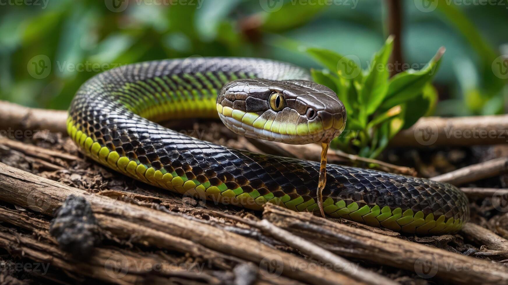 A close-up of a vibrant green and black snake resting on twigs in a natural setting. photo