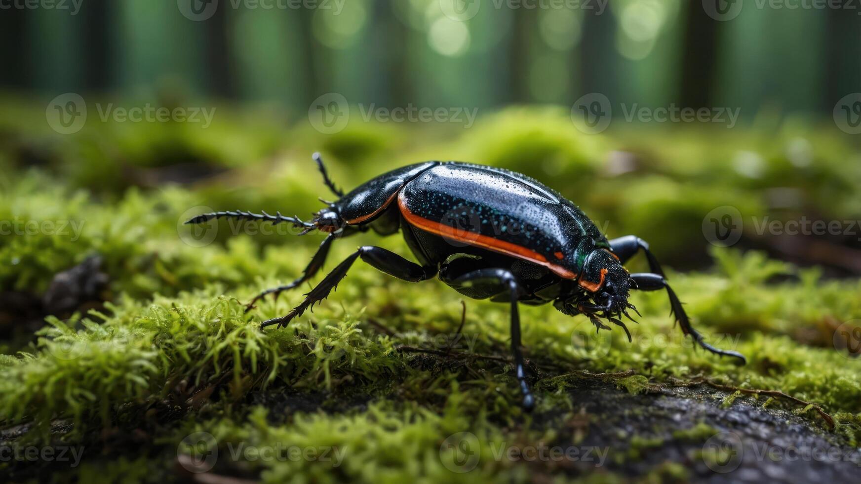 A close-up of a black beetle with an orange stripe on mossy ground in a forest setting. photo
