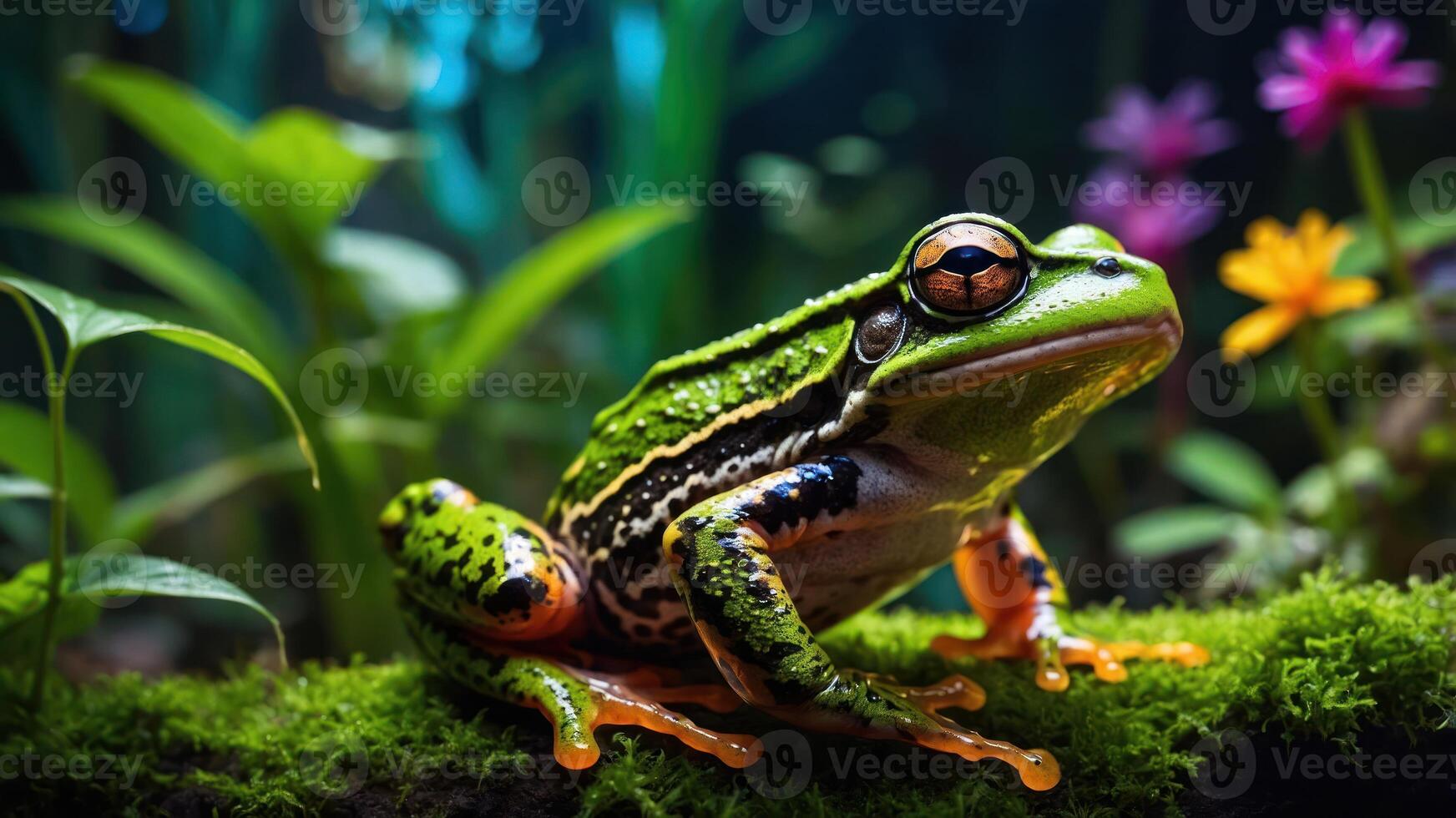 A vibrant frog resting on moss amidst colorful flowers in a lush environment. photo