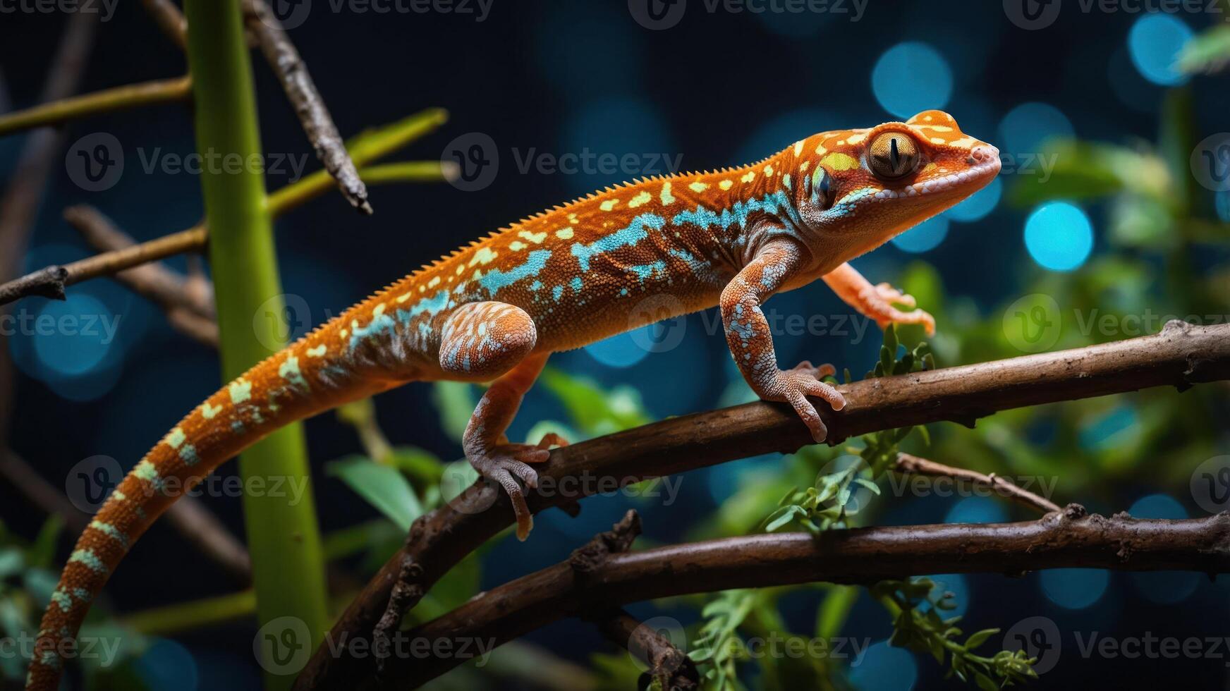 A vibrant gecko perched on branches against a shimmering blue background. photo