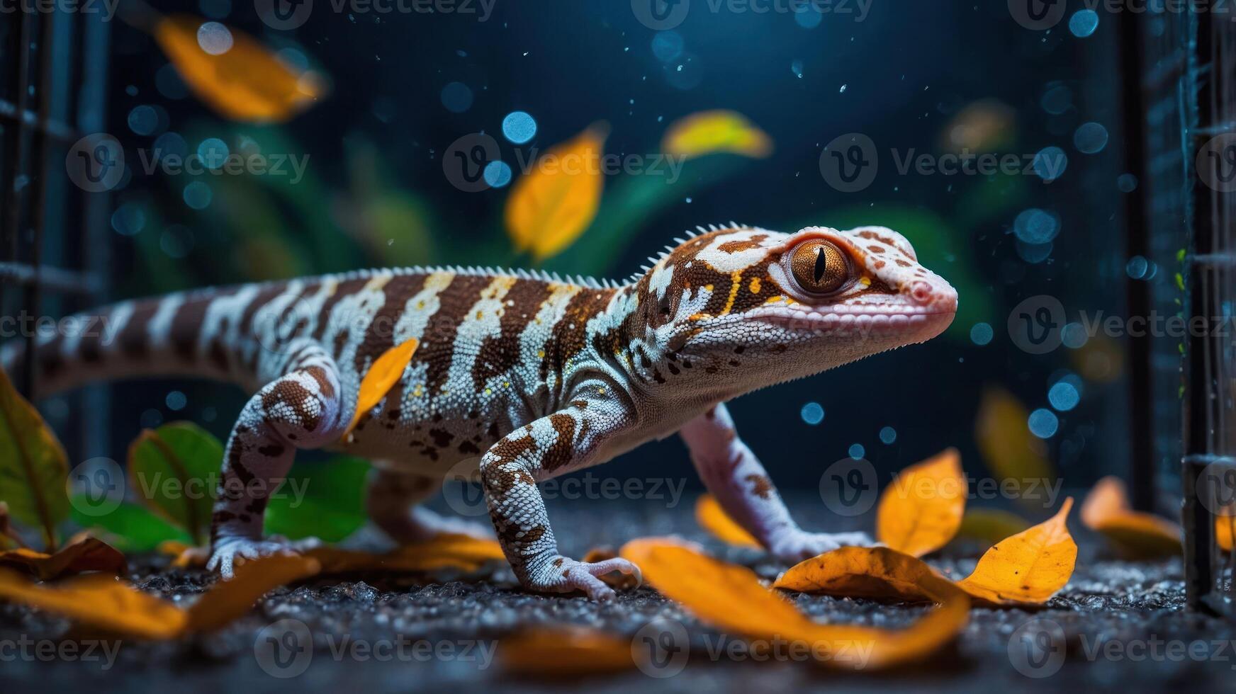 A gecko amidst autumn leaves in a serene, illuminated habitat. photo