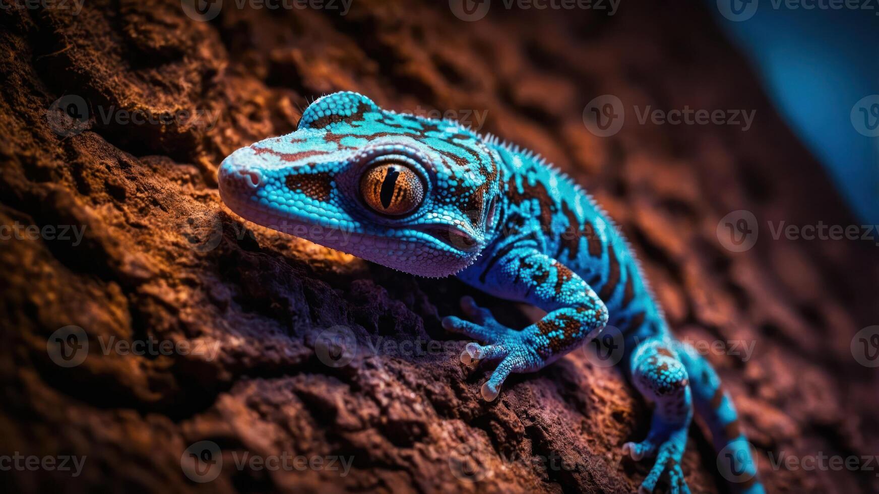 A vibrant blue gecko resting on a textured surface, showcasing its striking colors. photo
