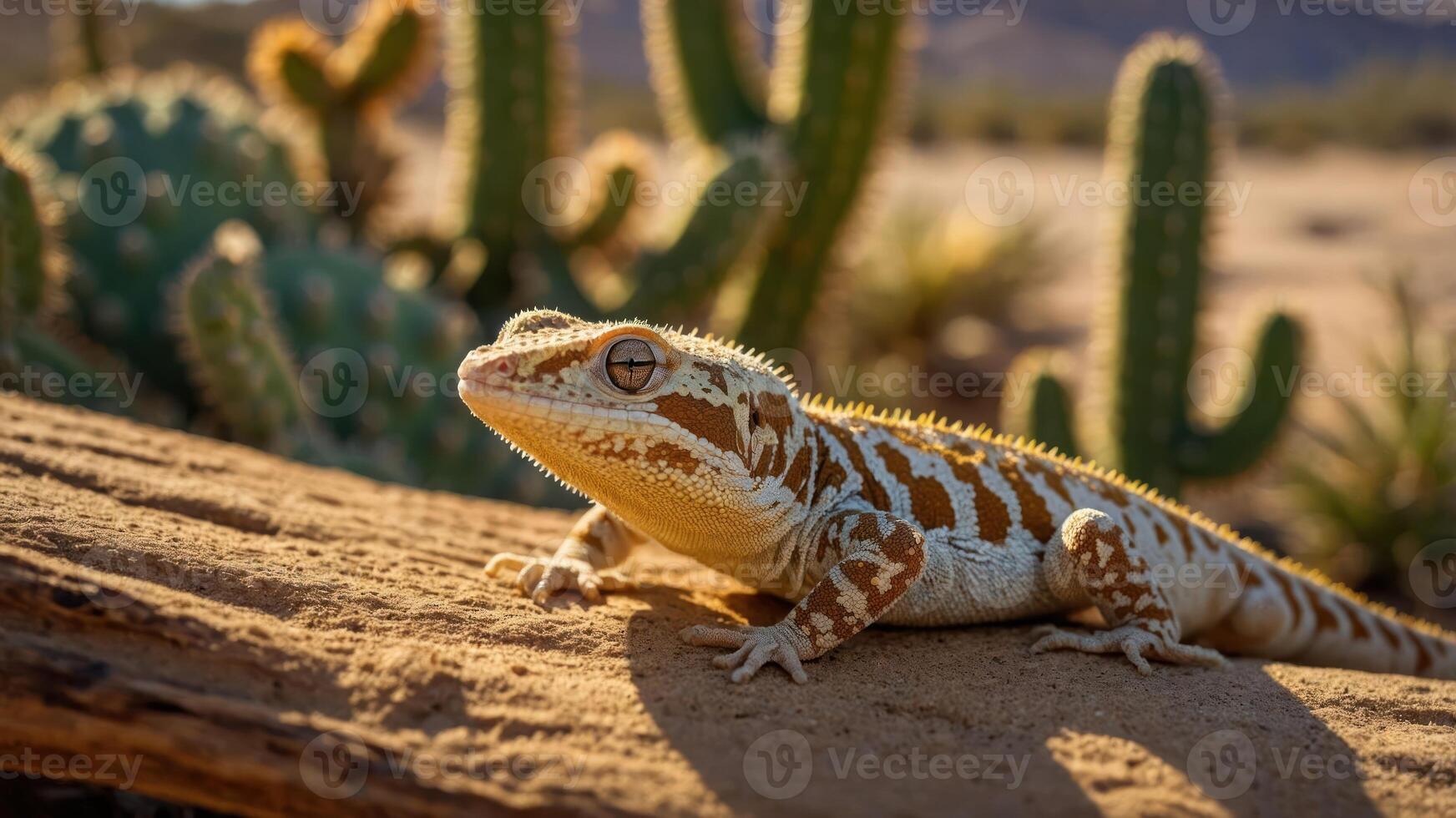 A close-up of a lizard resting on a log in a desert landscape with cacti in the background. photo
