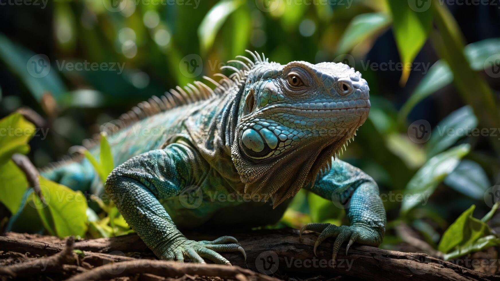 A vibrant green iguana resting among foliage in a natural setting. photo