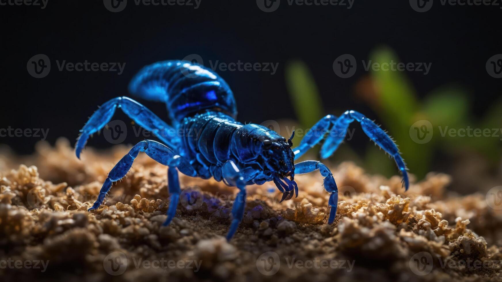 A close-up of a glowing blue scorpion on sandy ground, showcasing its unique features. photo