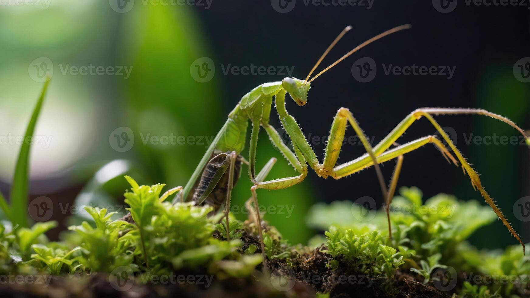 A close-up of a green praying mantis on lush green foliage in a natural setting. photo
