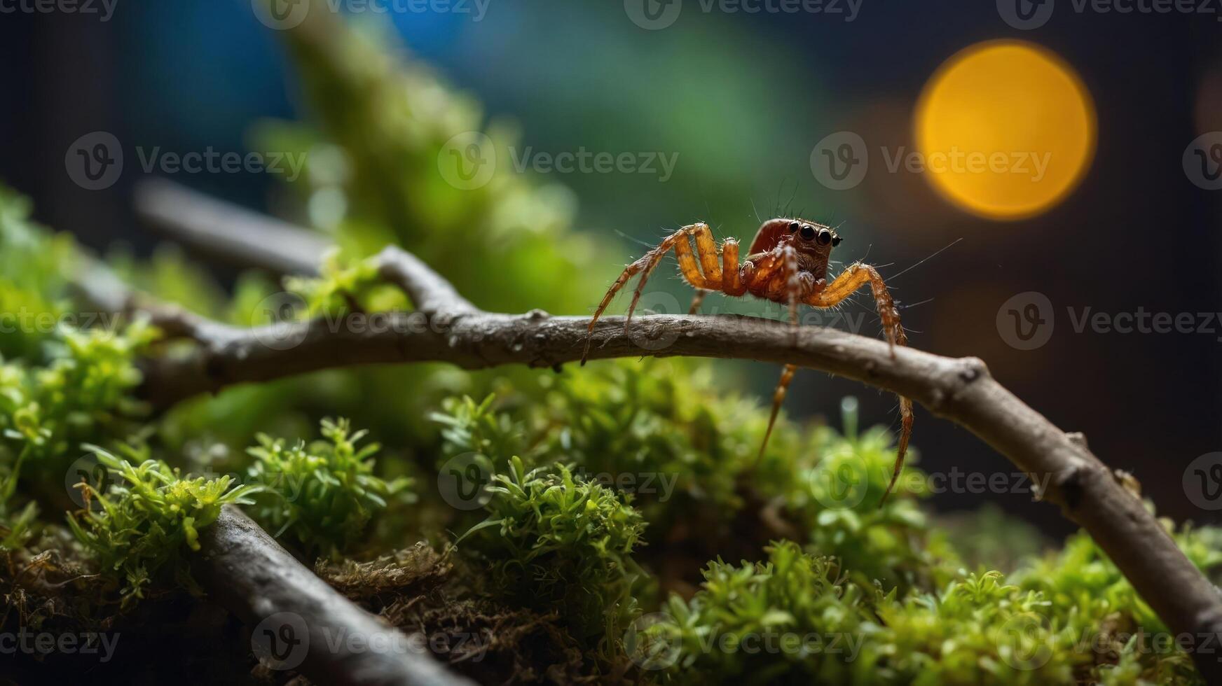 A close-up of a spider perched on a branch amidst lush greenery. photo