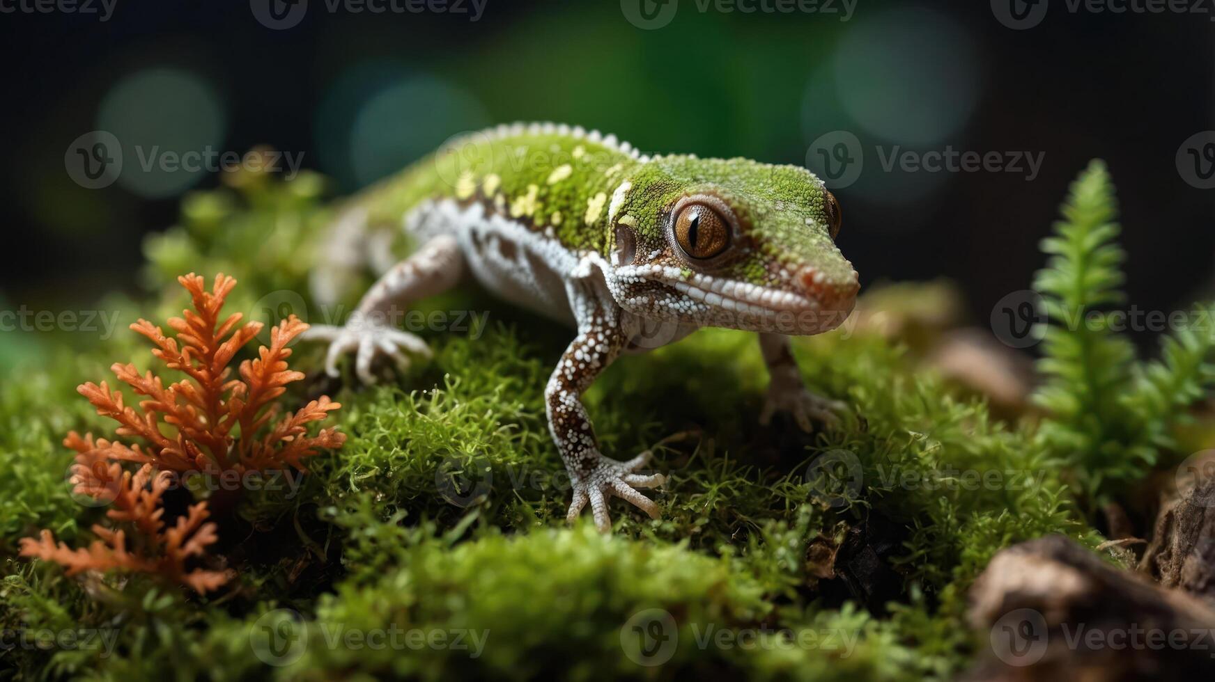A vibrant green gecko perched on moss with colorful plants in a natural habitat setting. photo