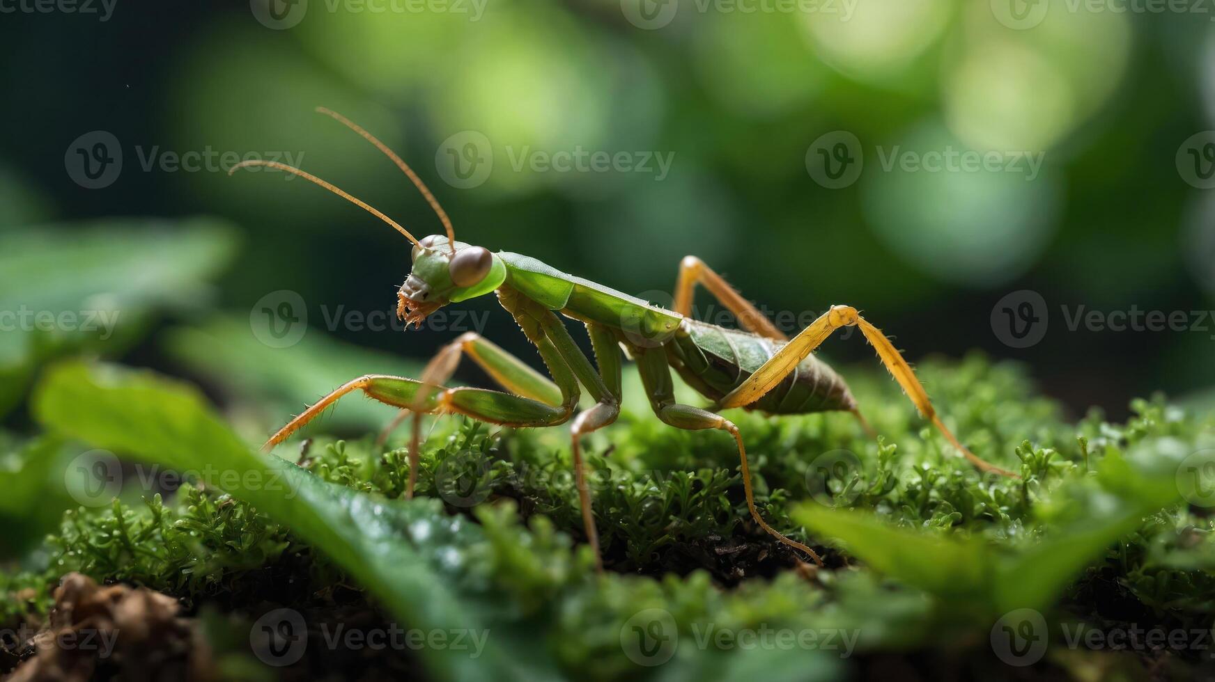 A close-up of a green mantis on moss, showcasing its intricate features and natural habitat. photo
