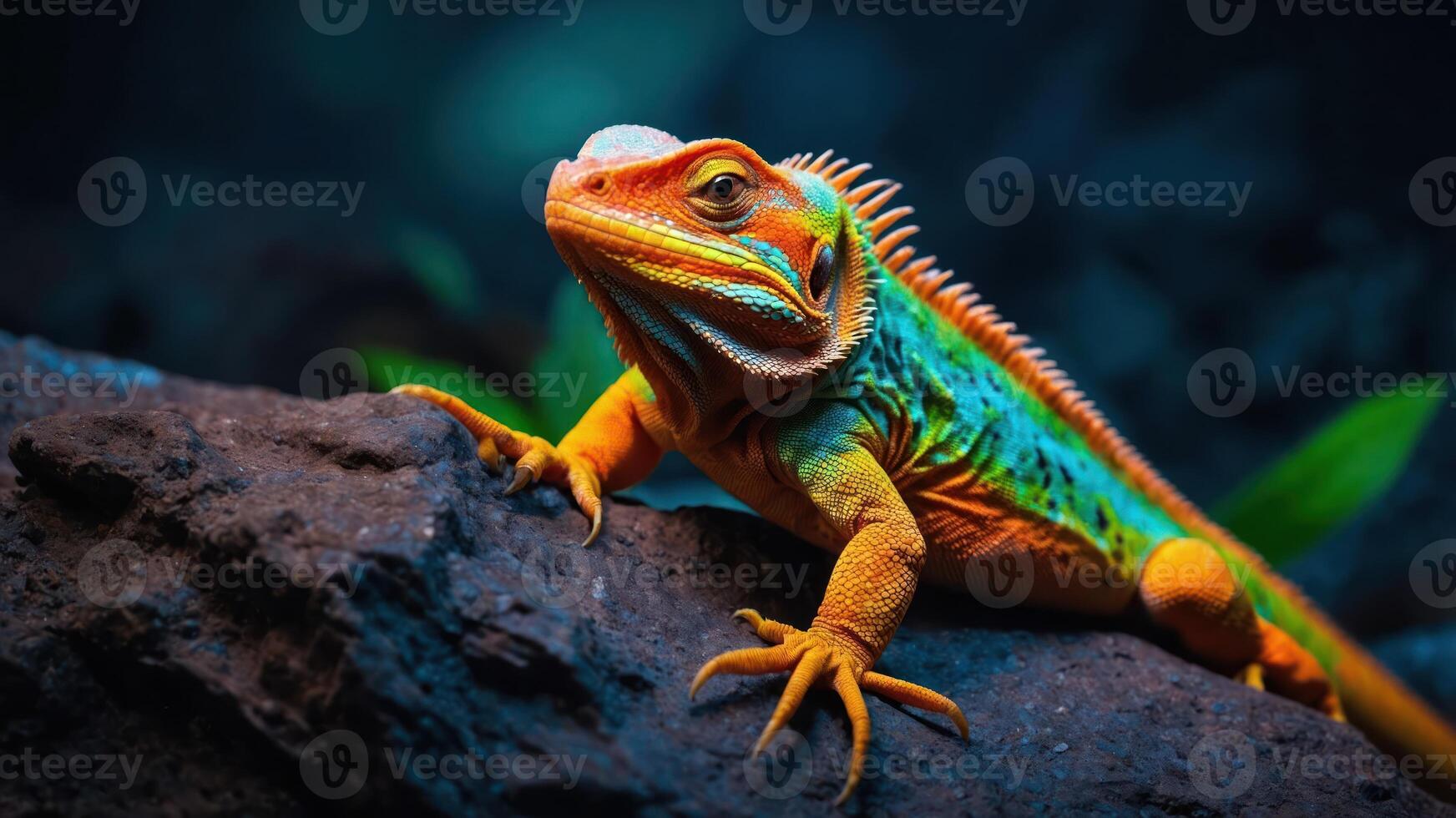 A vibrant lizard resting on a rock, showcasing its colorful scales and unique features. photo