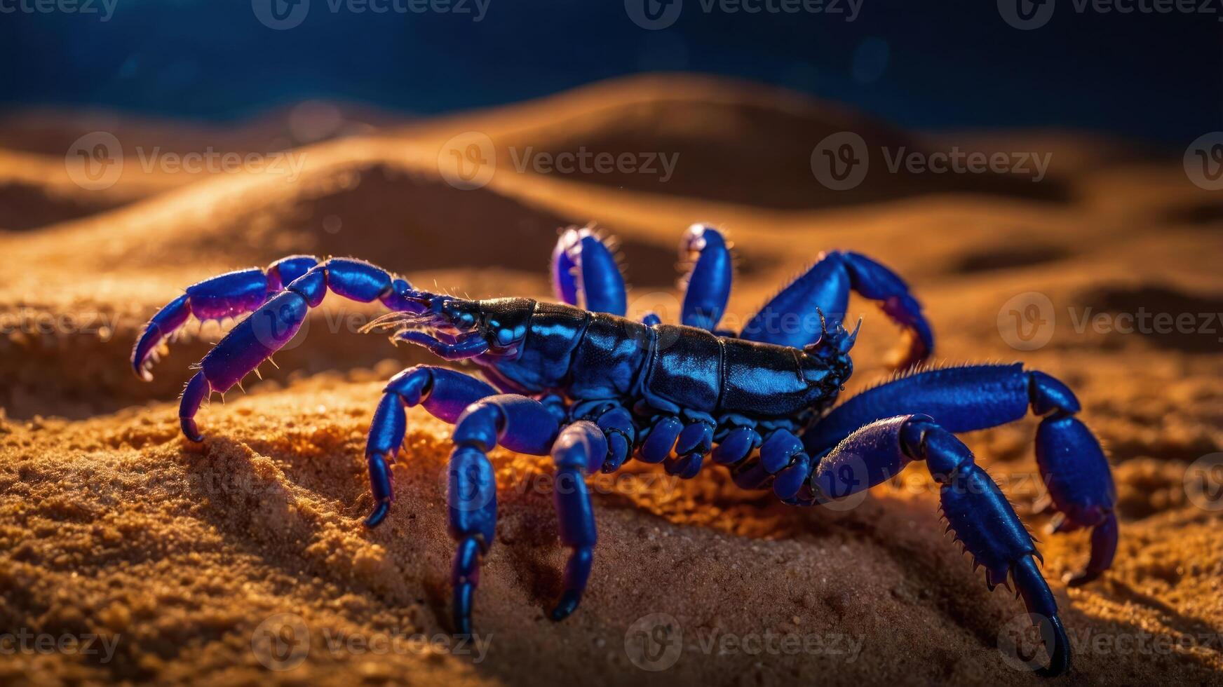 A vibrant blue scorpion walking on sandy terrain, showcasing its unique coloration and texture. photo