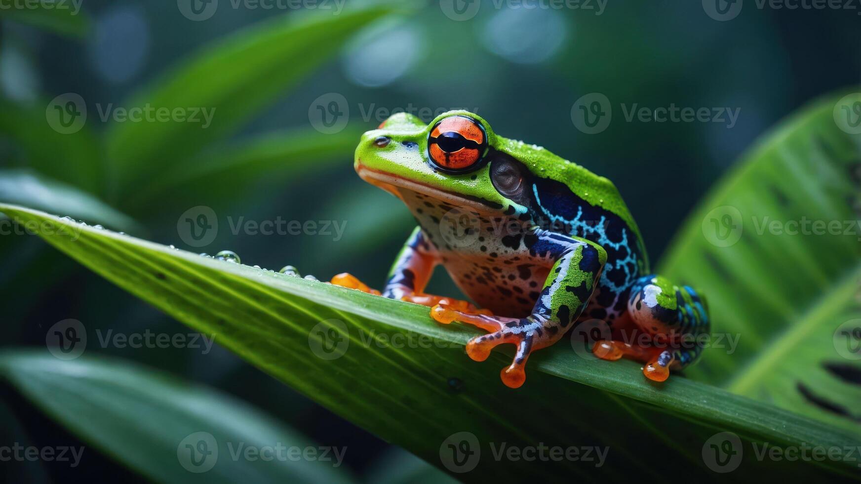 A vibrant frog perched on a leaf, showcasing its colorful patterns in a lush environment. photo