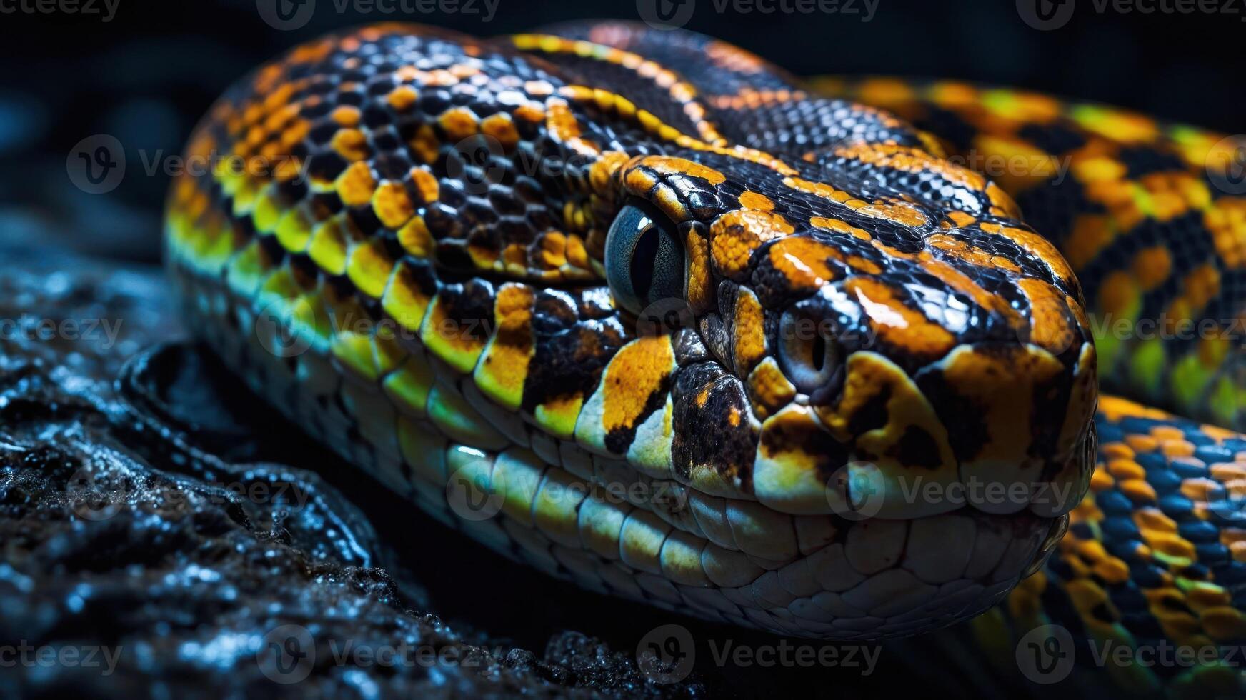 A close-up of a vibrant, patterned snake resting on a dark surface. photo