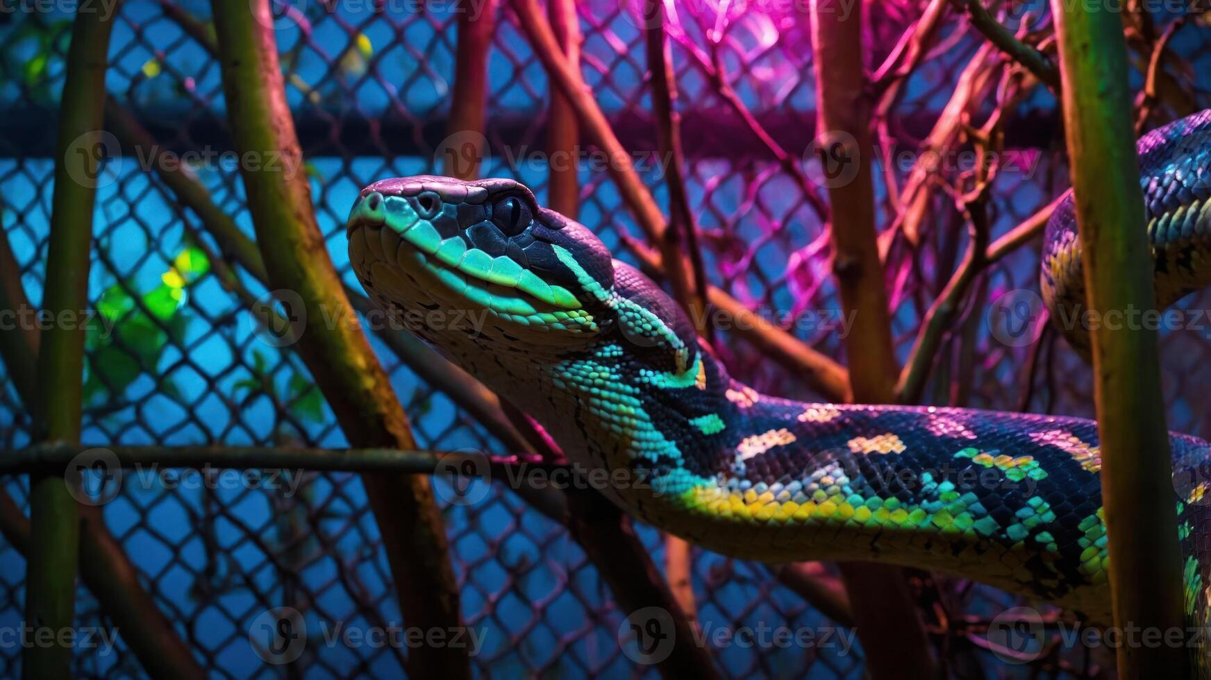 A colorful snake resting among branches in a vibrant habitat. photo