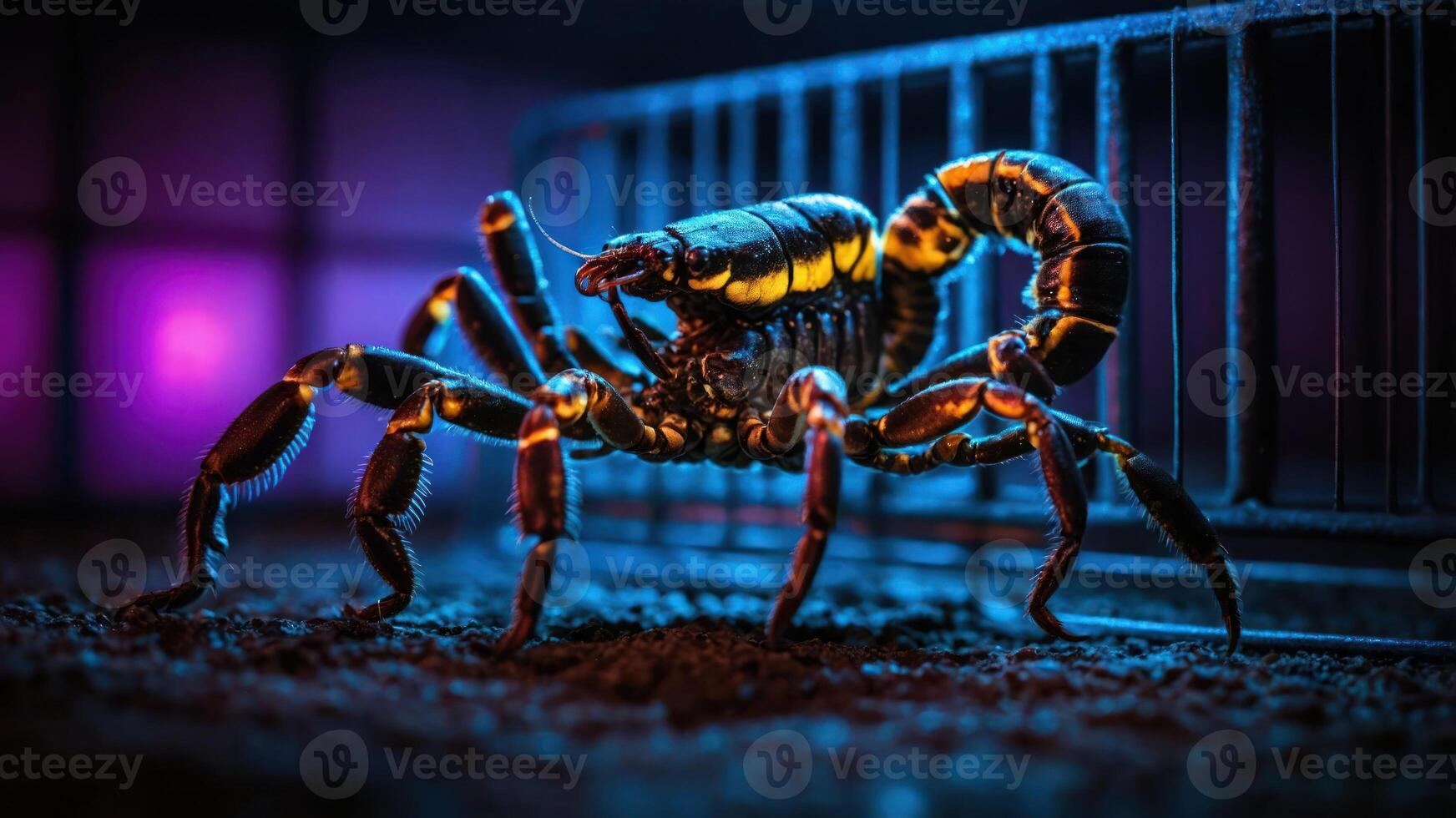 A vividly lit scorpion in a dark environment, showcasing its intricate details and colors. photo